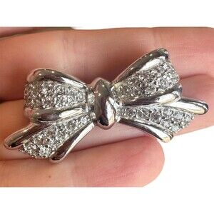 Vintage Silver Tone Ribbon Bow Rhinestone Brooch Pin
